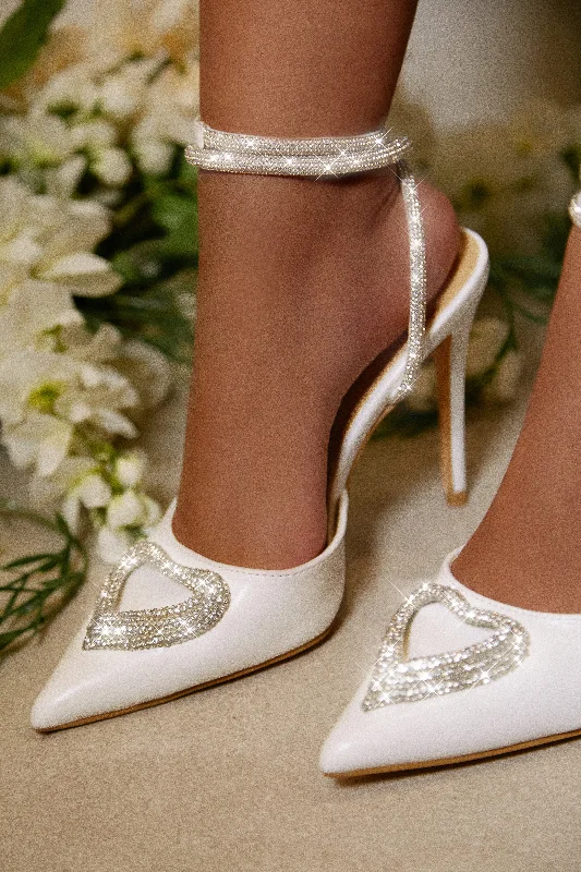 Women's pointed - toe slingback stiletto heel pumps in a peep - toe designAll For Love Heart Embellished High Heels - White Women's pointed - toe slingback stiletto heel pumps in a peep - toe designAll For Love Heart Embellished High Heels - White