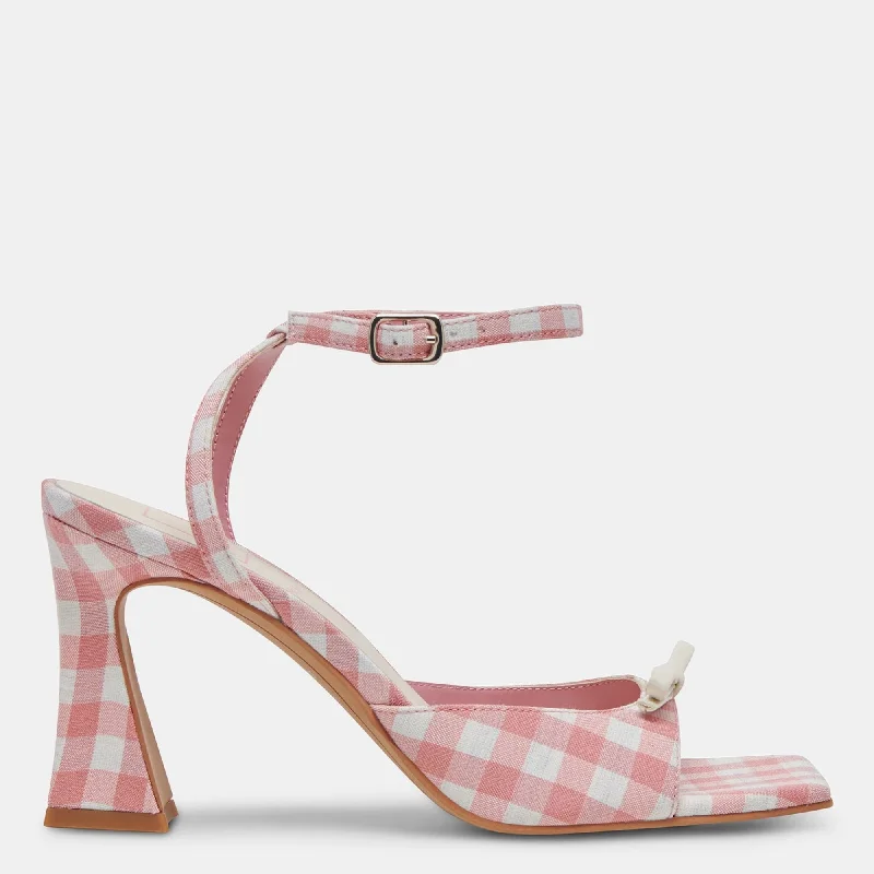 Women's strappy open - toe stiletto heel pumps with rhinestonesLoise Heels White Pink Gingham Women's strappy open - toe stiletto heel pumps with rhinestonesLoise Heels White Pink Gingham