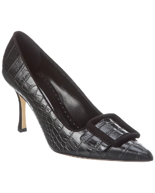 Women's forest green stiletto heel pumps for a nature - inspired lookManolo Blahnik Maysalebi 90 Croc-Embossed Leather & Suede Pump Women's forest green stiletto heel pumps for a nature - inspired lookManolo Blahnik Maysalebi 90 Croc-Embossed Leather & Suede Pump