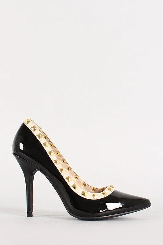 Women's snakeskin - embossed stiletto heel pumps for a bold statementWild Diva Lounge Patent Pyramid Studded Pointy Toe Pump Women's snakeskin - embossed stiletto heel pumps for a bold statementWild Diva Lounge Patent Pyramid Studded Pointy Toe Pump