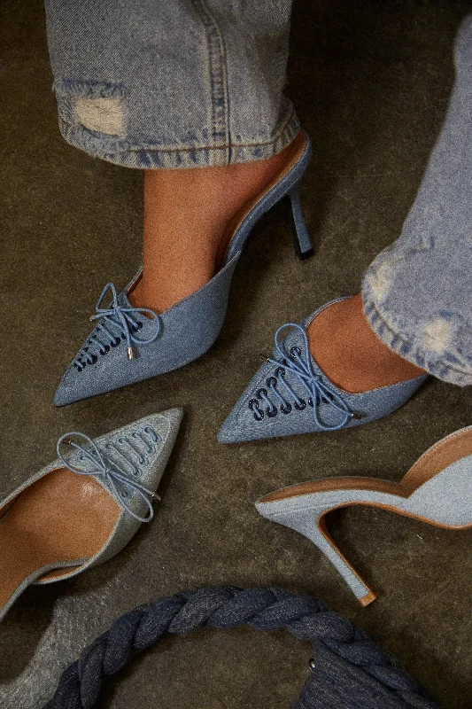 Women's ankle - strap stiletto heel pumps with a cut - out detailNyla Pointed Toe Mule Heels - Denim Women's ankle - strap stiletto heel pumps with a cut - out detailNyla Pointed Toe Mule Heels - Denim