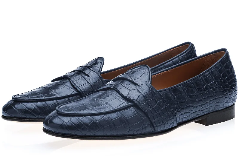 Women's Gel - Cushioned Slippers with a Soft Sole in Blue for All - Day Comfort TANGERINE 9 CROCODILE NAVY BELGIAN LOAFERS Women's Gel - Cushioned Slippers with a Soft Sole in Blue for All - Day Comfort TANGERINE 9 CROCODILE NAVY BELGIAN LOAFERS