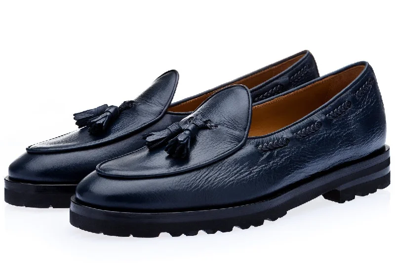 Women's Leather Slippers with a Hand - Stitched Design in Burgundy for Durability TANGERINE 8-T DEER NAVY BELGIAN LOAFERS Women's Leather Slippers with a Hand - Stitched Design in Burgundy for Durability TANGERINE 8-T DEER NAVY BELGIAN LOAFERS