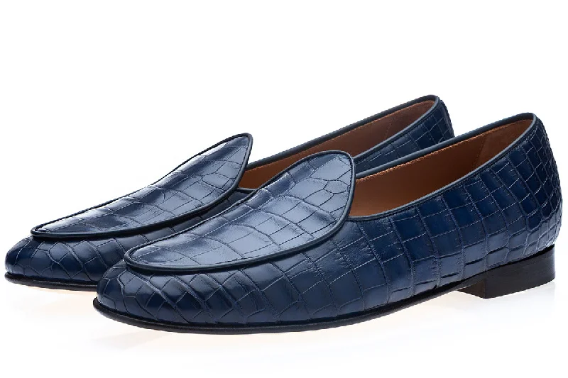 Women's Slippers with a Built - in Heel in Black for a Slightly Elevated Look TANGERINE CROCODILE NAVY BELGIAN LOAFERS Women's Slippers with a Built - in Heel in Black for a Slightly Elevated Look TANGERINE CROCODILE NAVY BELGIAN LOAFERS