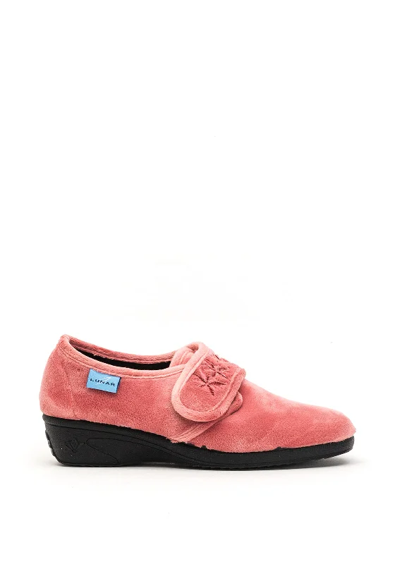 Women's Backless Slippers with a Furry Trim in Light Pink for a Cute and Casual Look Lunar Velvet Velcro Fastening Slippers, Heather Women's Backless Slippers with a Furry Trim in Light Pink for a Cute and Casual Look Lunar Velvet Velcro Fastening Slippers, Heather