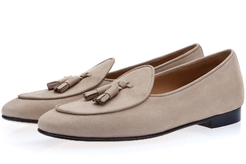 Women's Shearling Lined Slippers with a Fleece Upper in Tan for Ultimate Warmth TANGERINE 2 NABUK TAUPE BELGIAN LOAFERS Women's Shearling Lined Slippers with a Fleece Upper in Tan for Ultimate Warmth TANGERINE 2 NABUK TAUPE BELGIAN LOAFERS