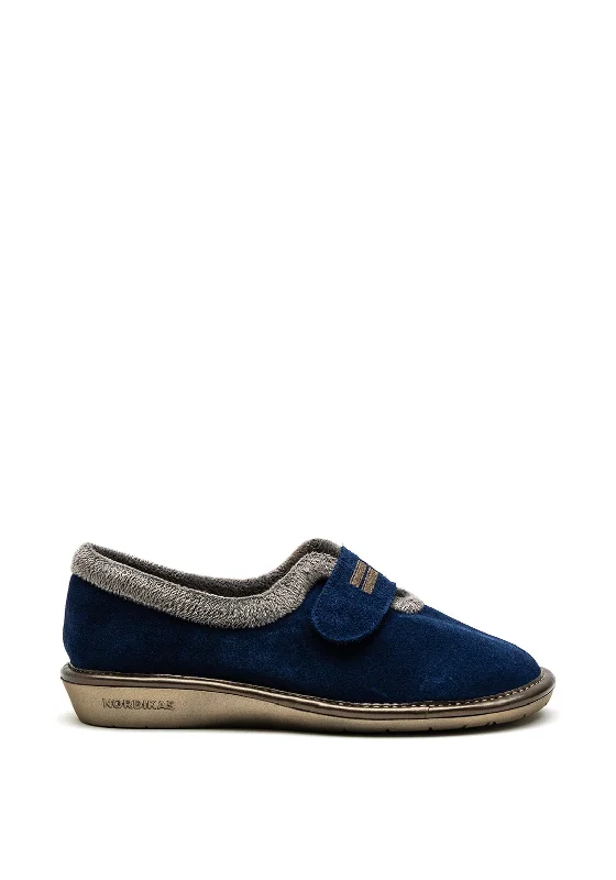Women's Gel - Cushioned Slippers with a Soft Sole in Blue for All - Day Comfort Nordikas Womens Suede Velcro Strap Slipper, Blue Women's Gel - Cushioned Slippers with a Soft Sole in Blue for All - Day Comfort Nordikas Womens Suede Velcro Strap Slipper, Blue