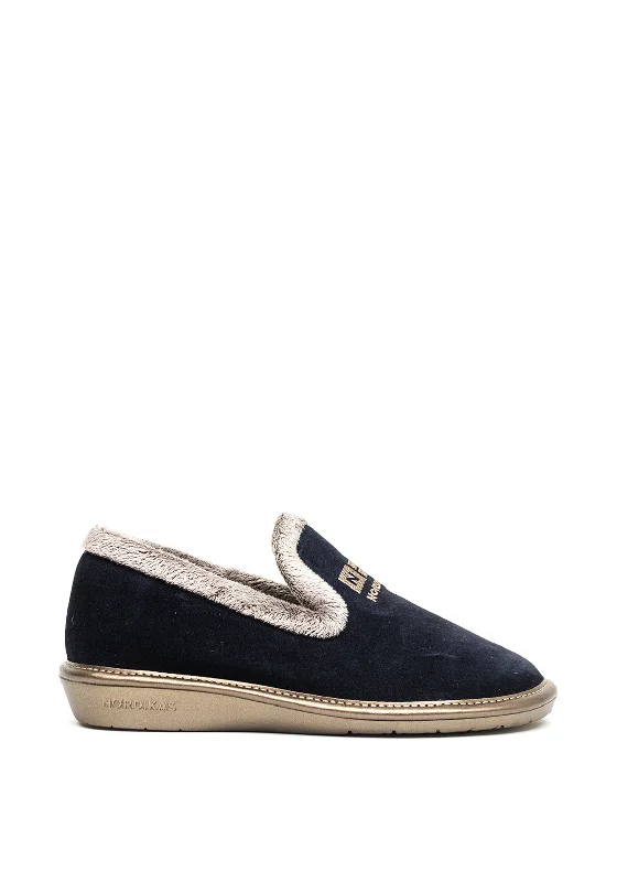 Women's Backless Slippers with a Furry Trim in Light Pink for a Cute and Casual Look Norkidas Suede Fabric Cuff Slippers, Navy Women's Backless Slippers with a Furry Trim in Light Pink for a Cute and Casual Look Norkidas Suede Fabric Cuff Slippers, Navy