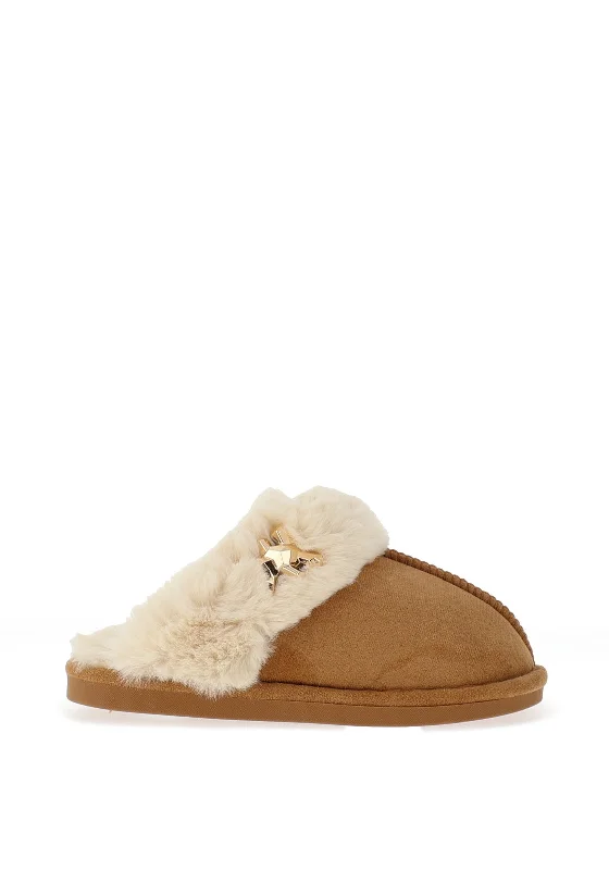 Women's Slippers with a Built - in Heel in Black for a Slightly Elevated Look Zen Collection Faux Fur Brooch Detail Slippers, Camel Women's Slippers with a Built - in Heel in Black for a Slightly Elevated Look Zen Collection Faux Fur Brooch Detail Slippers, Camel