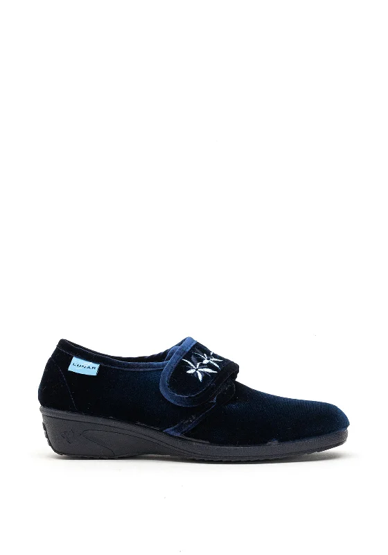 Women's Backless Slippers with a Furry Trim in Light Pink for a Cute and Casual Look Lunar Velvet Velcro Fastening Slippers, Blue Women's Backless Slippers with a Furry Trim in Light Pink for a Cute and Casual Look Lunar Velvet Velcro Fastening Slippers, Blue