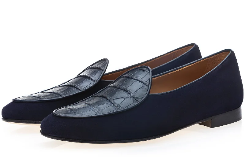 Women's Gel - Cushioned Slippers with a Soft Sole in Blue for All - Day Comfort TANGERINE CROCOSUEDE NAVY BELGIAN LOAFERS Women's Gel - Cushioned Slippers with a Soft Sole in Blue for All - Day Comfort TANGERINE CROCOSUEDE NAVY BELGIAN LOAFERS