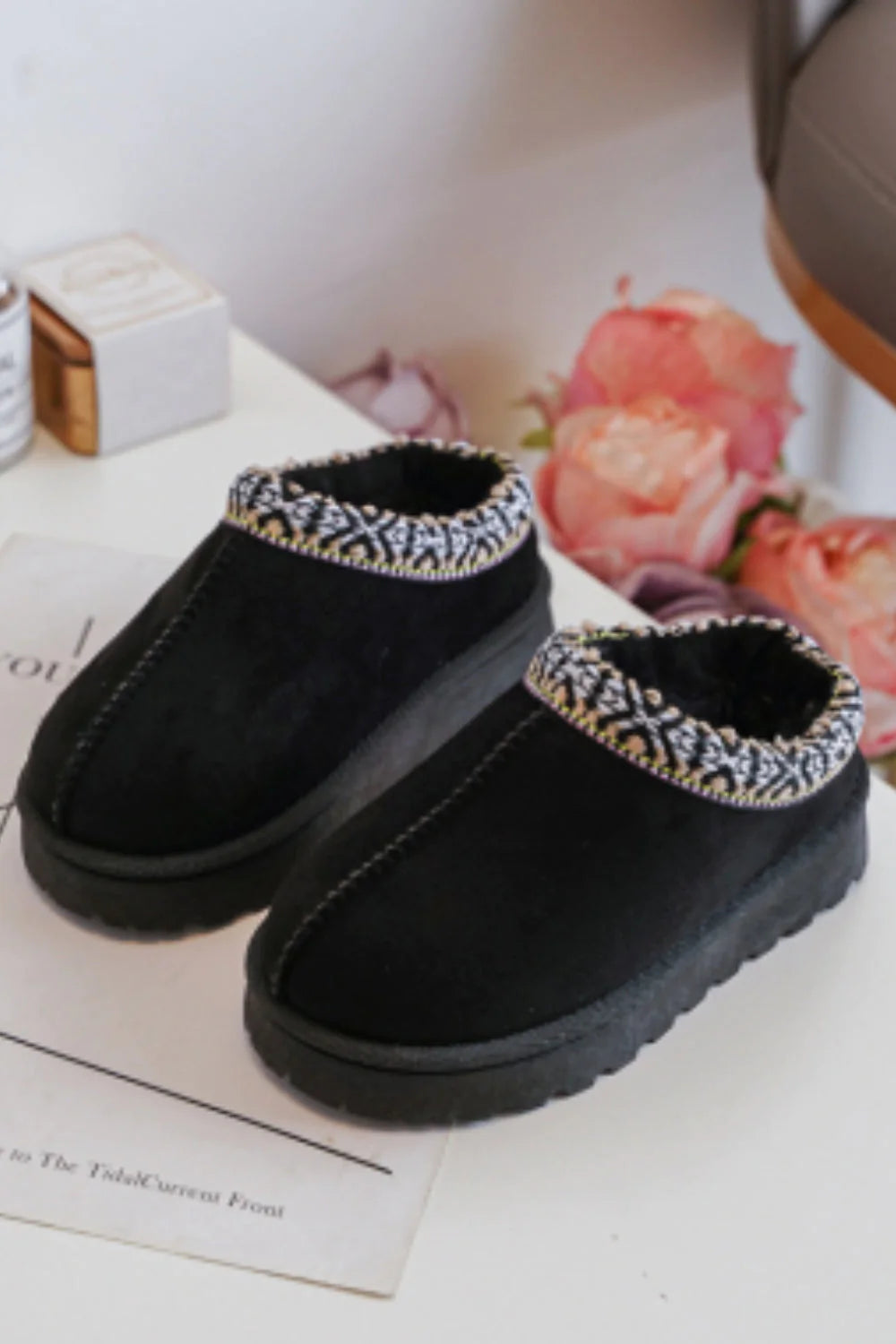 Women's Moccasin - Style Slippers with Fringe Detail in Brown for a Rustic Look MINI KIDS HOLLIE BLACK PLATFORM EMBROIDERED ANKLE SLIPPER BOOTS Women's Moccasin - Style Slippers with Fringe Detail in Brown for a Rustic Look MINI KIDS HOLLIE BLACK PLATFORM EMBROIDERED ANKLE SLIPPER BOOTS