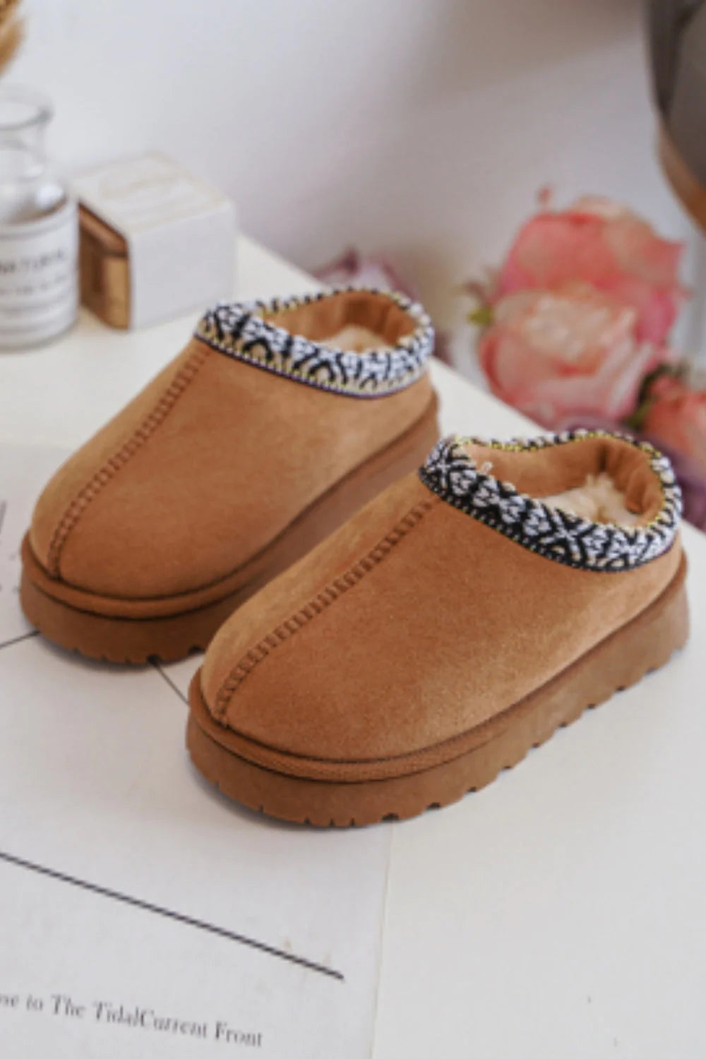 Women's Slippers with a Built - in Heel in Black for a Slightly Elevated Look MINI KIDS HOLLIE CHESTNUT PLATFORM EMBROIDERED ANKLE SLIPPER BOOTS Women's Slippers with a Built - in Heel in Black for a Slightly Elevated Look MINI KIDS HOLLIE CHESTNUT PLATFORM EMBROIDERED ANKLE SLIPPER BOOTS