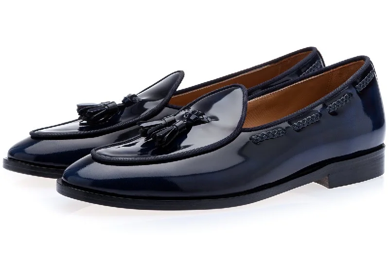 Women's Leather Slippers with a Hand - Stitched Design in Burgundy for Durability TANGERINE 8 BRUSHED NAVY BELGIAN LOAFERS