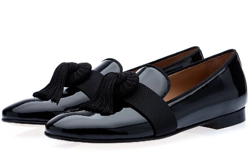 Women's Leather Slippers with a Hand - Stitched Design in Burgundy for Durability AGADIR PATENT BLACK SLIPPERS Women's Leather Slippers with a Hand - Stitched Design in Burgundy for Durability AGADIR PATENT BLACK SLIPPERS