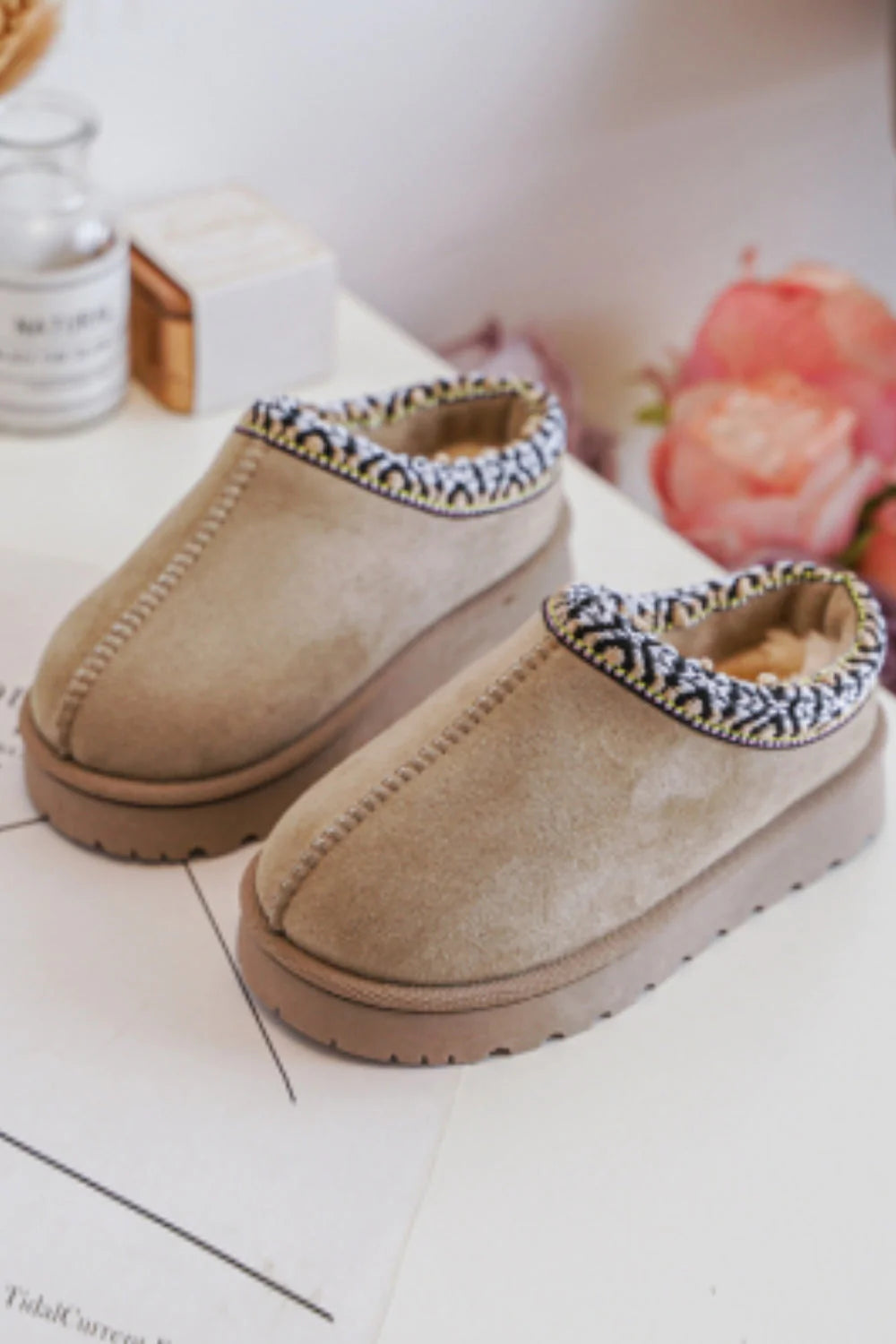 Women's Moccasin - Style Slippers with Fringe Detail in Brown for a Rustic Look MINI KIDS HOLLIE CAMEL PLATFORM EMBROIDERED ANKLE SLIPPER BOOTS Women's Moccasin - Style Slippers with Fringe Detail in Brown for a Rustic Look MINI KIDS HOLLIE CAMEL PLATFORM EMBROIDERED ANKLE SLIPPER BOOTS