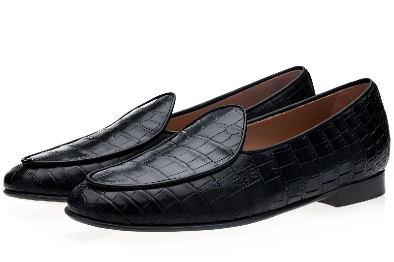 Women's Slippers with a Built - in Heel in Black for a Slightly Elevated Look TANGERINE CROCODILE BLACK BELGIAN LOAFERS Women's Slippers with a Built - in Heel in Black for a Slightly Elevated Look TANGERINE CROCODILE BLACK BELGIAN LOAFERS