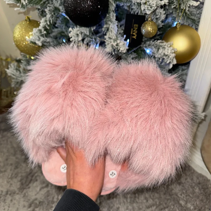 Women's Faux Fur Lined Slippers with Memory Foam Insoles in Pink for Cozy Nights ERIKA SPARKLE EXTREME FAUX FUR SLIPPERS Women's Faux Fur Lined Slippers with Memory Foam Insoles in Pink for Cozy Nights ERIKA SPARKLE EXTREME FAUX FUR SLIPPERS