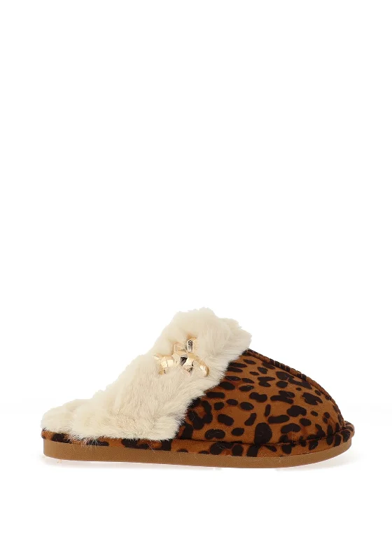 Women's Shearling Lined Slippers with a Fleece Upper in Tan for Ultimate Warmth Zen Collection Faux Fur Brooch Detail Slippers, Leopard Women's Shearling Lined Slippers with a Fleece Upper in Tan for Ultimate Warmth Zen Collection Faux Fur Brooch Detail Slippers, Leopard