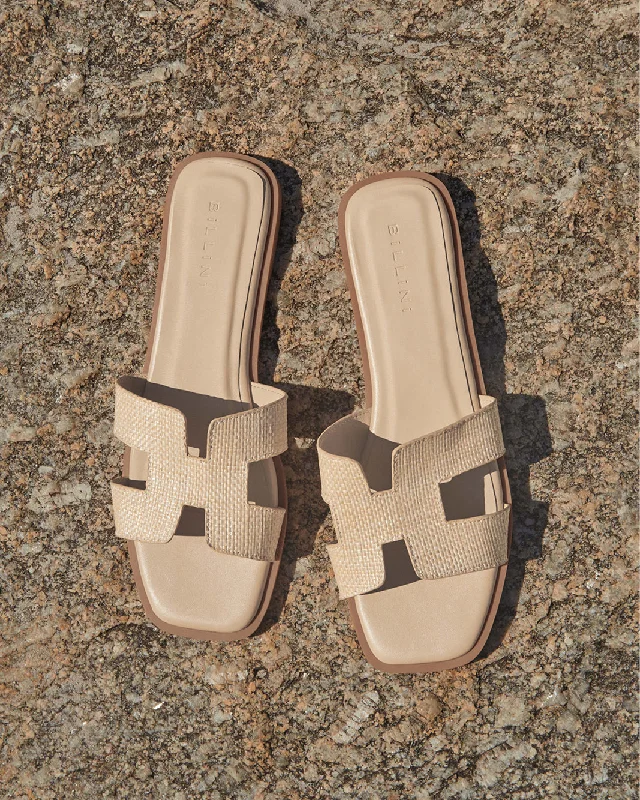Women's Flat Slide Sandals with a Memory Foam Insole in White for All - Day Comfort Waterproof Women's Rubber Beach Sandals with Arch Support in Blue for Water ActivitiesGORDY - NATURAL RAFFIA Women's Flat Slide Sandals with a Memory Foam Insole in White for All - Day Comfort Waterproof Women's Rubber Beach Sandals with Arch Support in Blue for Water ActivitiesGORDY - NATURAL RAFFIA