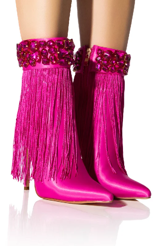 Women's Knee - High Leather Riding Boots in Black for a Classic Equestrian LookAZALEA WANG AVERI EMBELLISHED FRINGE BOOTIE IN PINK Women's Knee - High Leather Riding Boots in Black for a Classic Equestrian LookAZALEA WANG AVERI EMBELLISHED FRINGE BOOTIE IN PINK