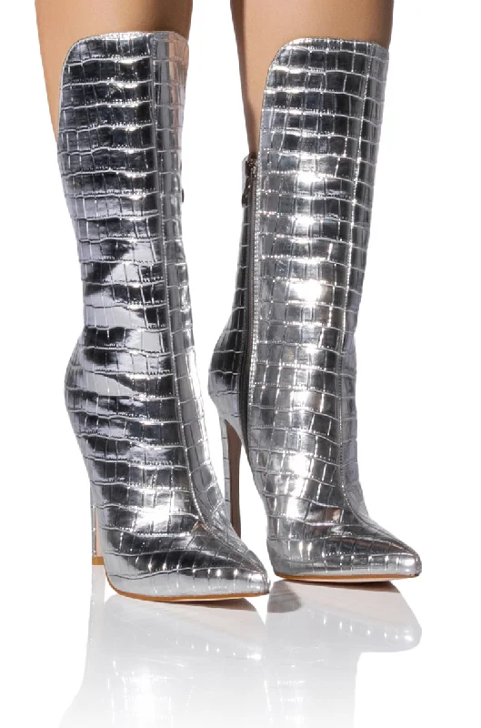 Women's Knee - High Lace - Up Boots in Brown with Buckle Accents for a Western VibeAZALEA WANG FAYE CROC BOOTIE IN SILVER Women's Knee - High Lace - Up Boots in Brown with Buckle Accents for a Western VibeAZALEA WANG FAYE CROC BOOTIE IN SILVER