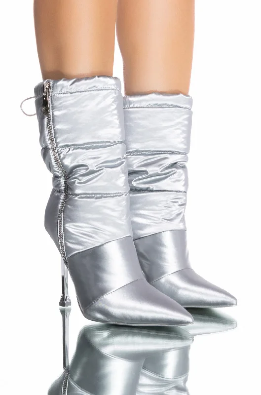 Women's Mid - Calf Suede Boots in Beige with Tassel Trim for a Boho - Inspired StyleAZALEA WANG GRETCHEN STILETTO PUFFER BOOTIE IN SILVER Women's Mid - Calf Suede Boots in Beige with Tassel Trim for a Boho - Inspired StyleAZALEA WANG GRETCHEN STILETTO PUFFER BOOTIE IN SILVER