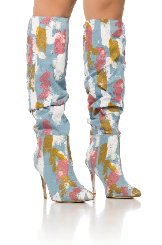 Women's Knee - High Leather Riding Boots in Black for a Classic Equestrian LookAZALEA WANG ROSEBAY MULTI PAINT STROKE DENIM BOOTIE Women's Knee - High Leather Riding Boots in Black for a Classic Equestrian LookAZALEA WANG ROSEBAY MULTI PAINT STROKE DENIM BOOTIE