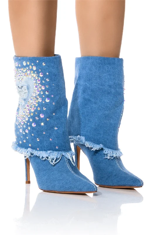 Women's Knee - High Lace - Up Boots in Brown with Buckle Accents for a Western VibeAZALEA WANG ESMERALDA EMBELLISHED BOOTIE IN DENIM Women's Knee - High Lace - Up Boots in Brown with Buckle Accents for a Western VibeAZALEA WANG ESMERALDA EMBELLISHED BOOTIE IN DENIM