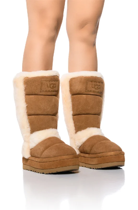 Women's Knee - High Lace - Up Boots in Brown with Buckle Accents for a Western VibeUGG CLASSIC CLOUDPEAK TALL BOOTIE IN CHESTNUT Women's Knee - High Lace - Up Boots in Brown with Buckle Accents for a Western VibeUGG CLASSIC CLOUDPEAK TALL BOOTIE IN CHESTNUT