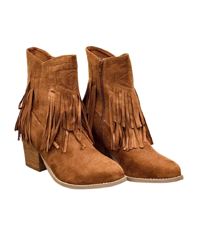 Women's Leather Motorcycle Boots in Dark Brown with Silver Hardware for a Cool Biker LookWomen's Sandra Fringe Booties In Tan Women's Leather Motorcycle Boots in Dark Brown with Silver Hardware for a Cool Biker LookWomen's Sandra Fringe Booties In Tan